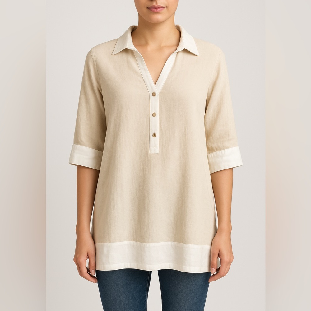 Cynthia Rowley LinenBlend Tunic TopBeige White Trim womenL(A120)✨